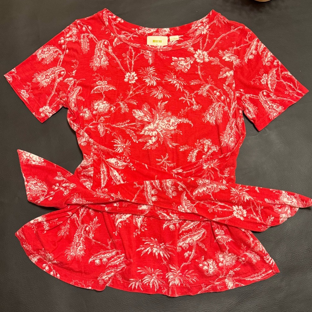 Maeve Anthropologie Red Tie Front Short Sleeve Shirt Size Small M1 - Picture 2 of 7